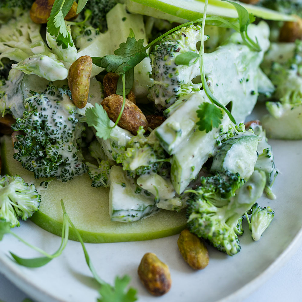 Apple and Broccoli Slaw with Pistachios and Tahini Dressing