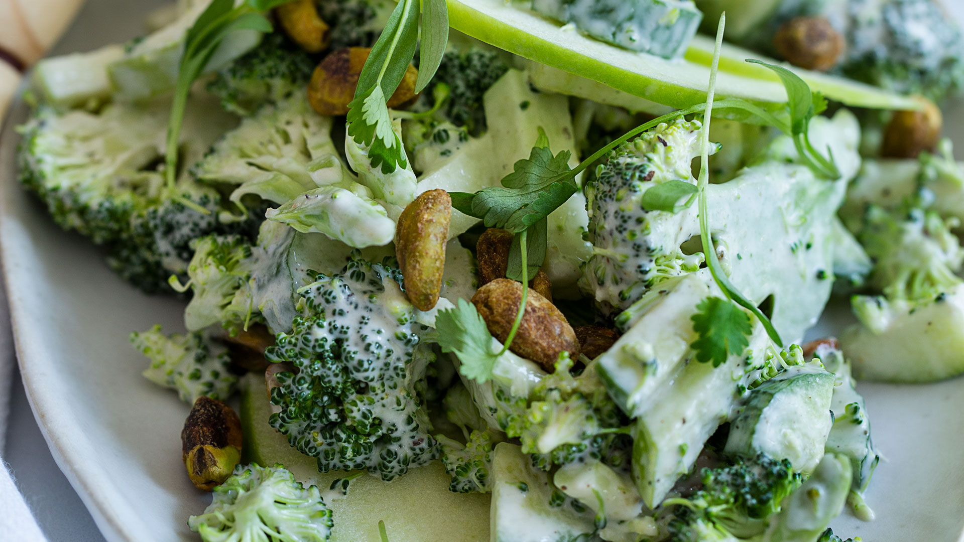 Apple and Broccoli Slaw with Pistachios and Tahini Dressing