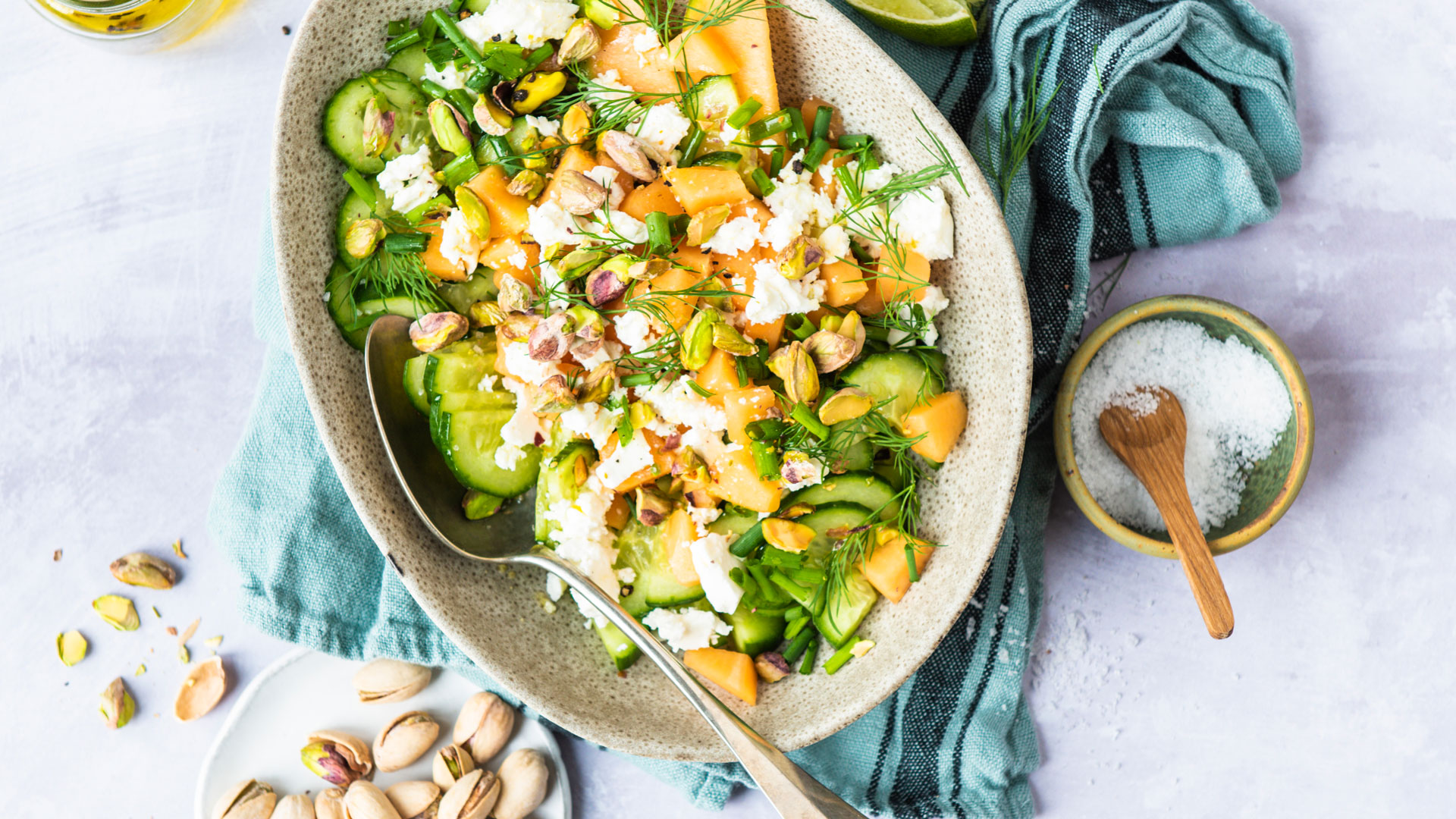 Summer Cucumber-Melon Salad with Roasted Pistachios and Feta