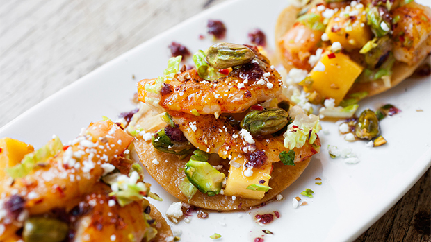 Lowcountry Shrimp Tostada with Mango Pistachio Salsa