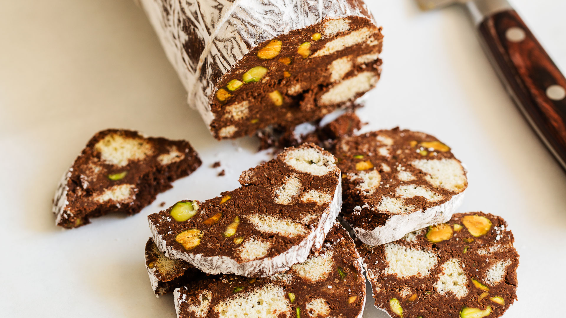 Pistachio Studded Chocolate Salami