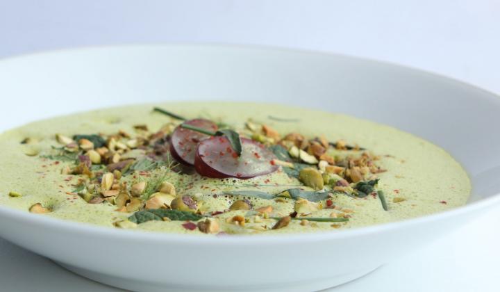 “Ajo verde,” Chilled Pistachio and Herb Gazpacho with Grapes & Aleppo Pepper 