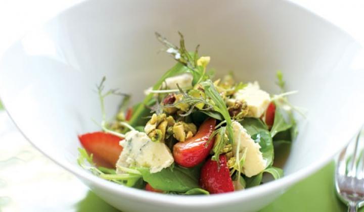 ARUGULA, "PICKLED" STRAWBERRIES, CANDIED PISTACHIOS AND CRUMBLED BLUE CHEESE SALAD 