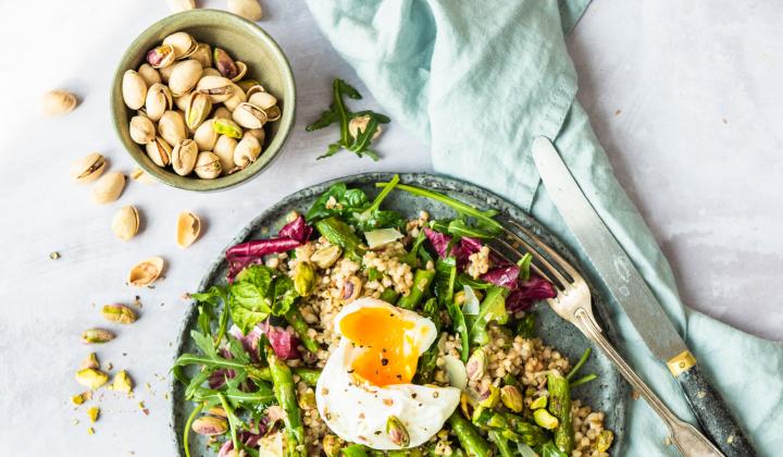 Asparagus-Buckwheat Salad with Roasted Pistachios and Poached Egg