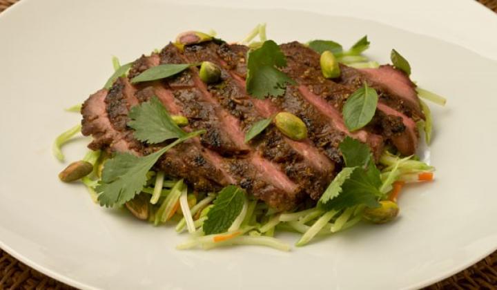 CHINA TOWN CHICAGO PISTACHIO CRUSTED HOISIN FLANK STEAK WITH STIR-FRIED BROCCOLI SLAW 