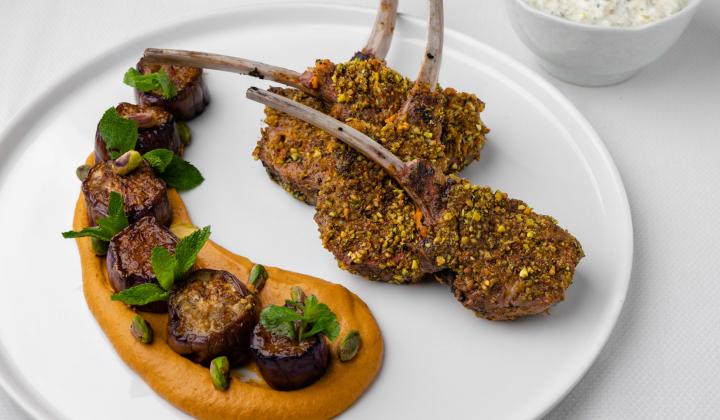 Harissa-Spiced Lamb with Glazed Eggplant and Pistachio Raita