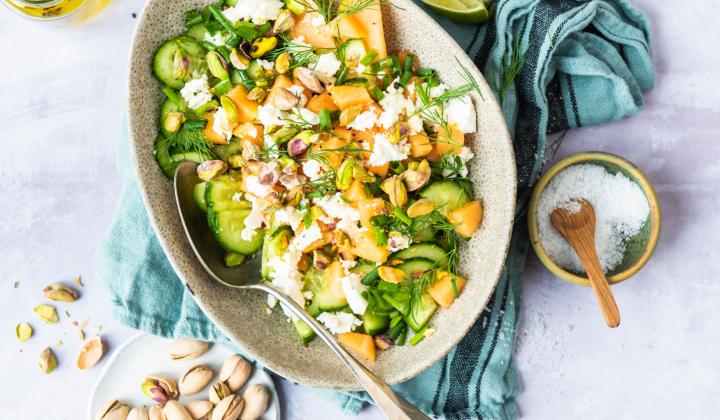 <p><img alt="Summer Cucumber-Melon Salad with Roasted Pistachios and Feta" data-entity-type="file" data-entity-uuid="ad853b39-623f-4e1d-a2a9-163b7afa7142" src="/sites/default/files/inline-images/Summer-Cucumber-Melon-Salad-Roasted-Pistachios-Feta.jpg" width="100%" /></p>  <p><meta charset="UTF-8" /><strong>Prep Time:</strong> 15 min</p>  <p>&nbsp;</p>